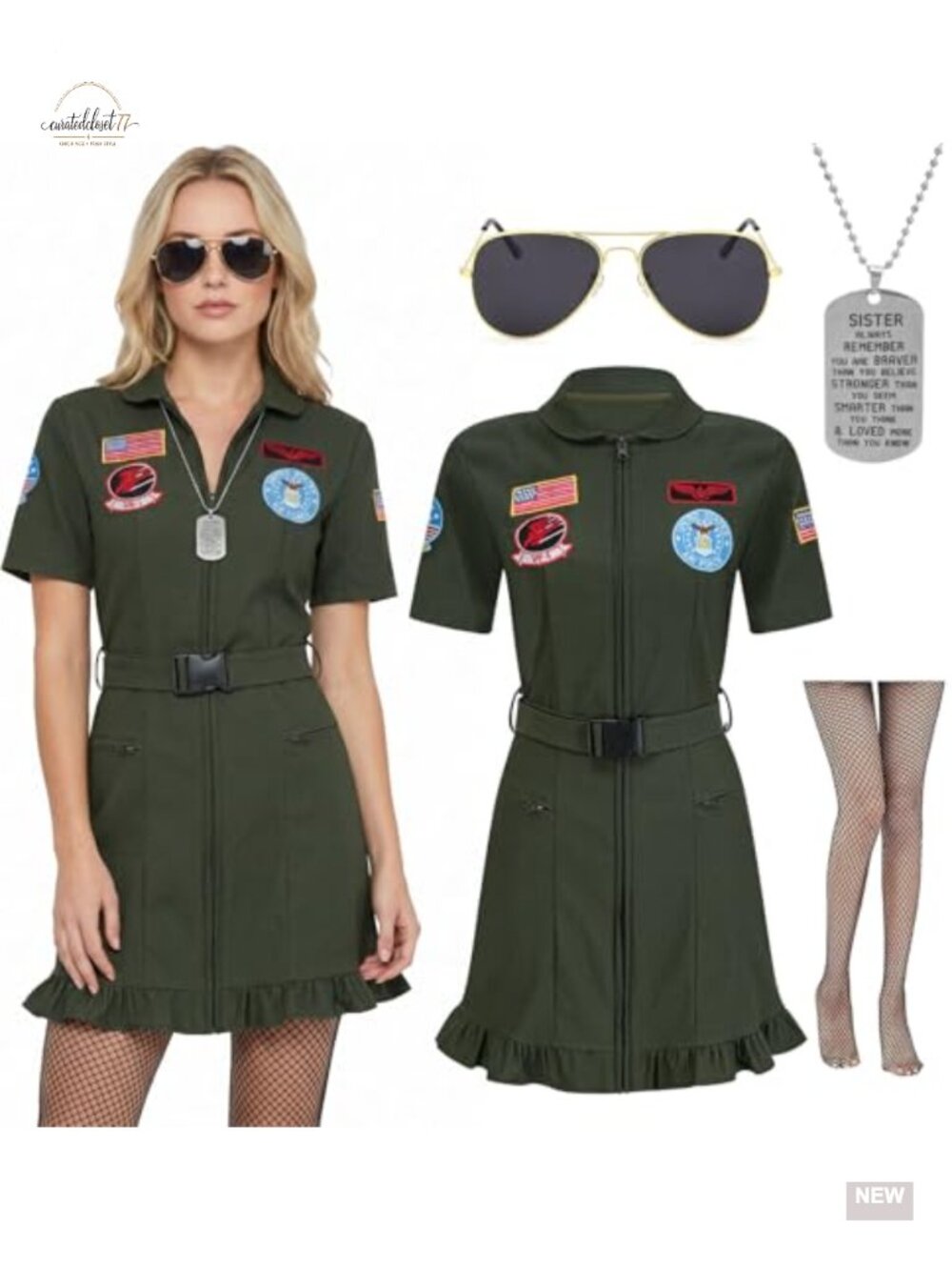 Pilot Flight Costume Dress Aviator Jumpsuit with Fishnet Stockings
